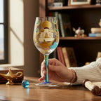 Fans Geek Store Lolita Disney Jasmine stemmed glass with gold palace and magic lamp design, teal stem.