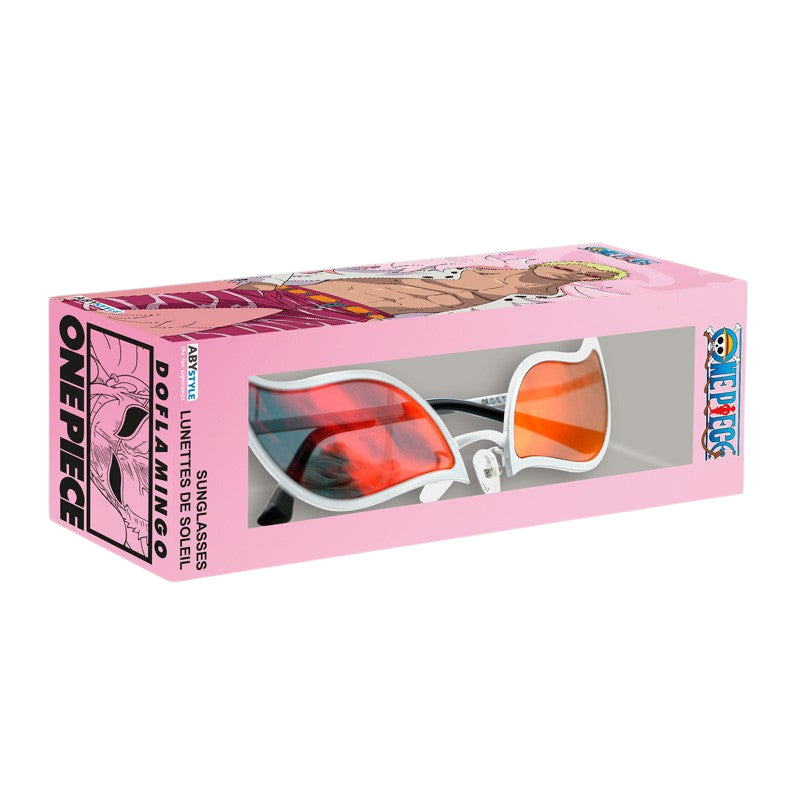 Fans Geek Store One Piece Donquixote Doflamingo sunglasses in pink and silver packaging for cosplay fans