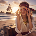 Fans Geek Store Donquixote Doflamingo cosplay sunglasses with pink polarized lenses worn by a woman on a beach.