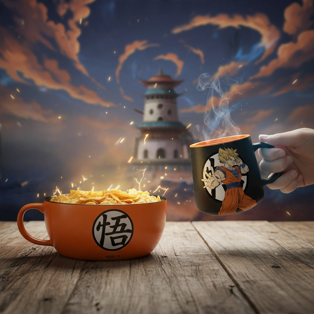 Fans Geek Store Dragon Ball breakfast set with a Goku mug and orange cereal bowl on a wooden table
