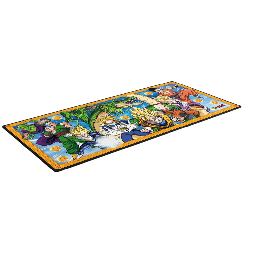 Fans Geek Store extra large Dragon Ball desk mat featuring Goku and Z-Fighters with stitched edges and non-slip base