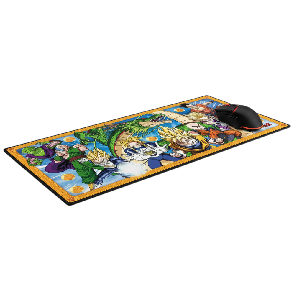 Fans Geek Store extra large Dragon Ball desk mat featuring Goku and Z-Fighters with stitched edges and black mouse