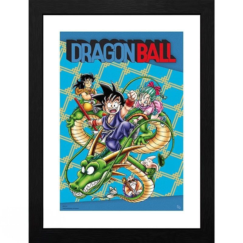 Fans Geek Store framed Dragon Ball poster featuring Goku and Shenron on a blue patterned background