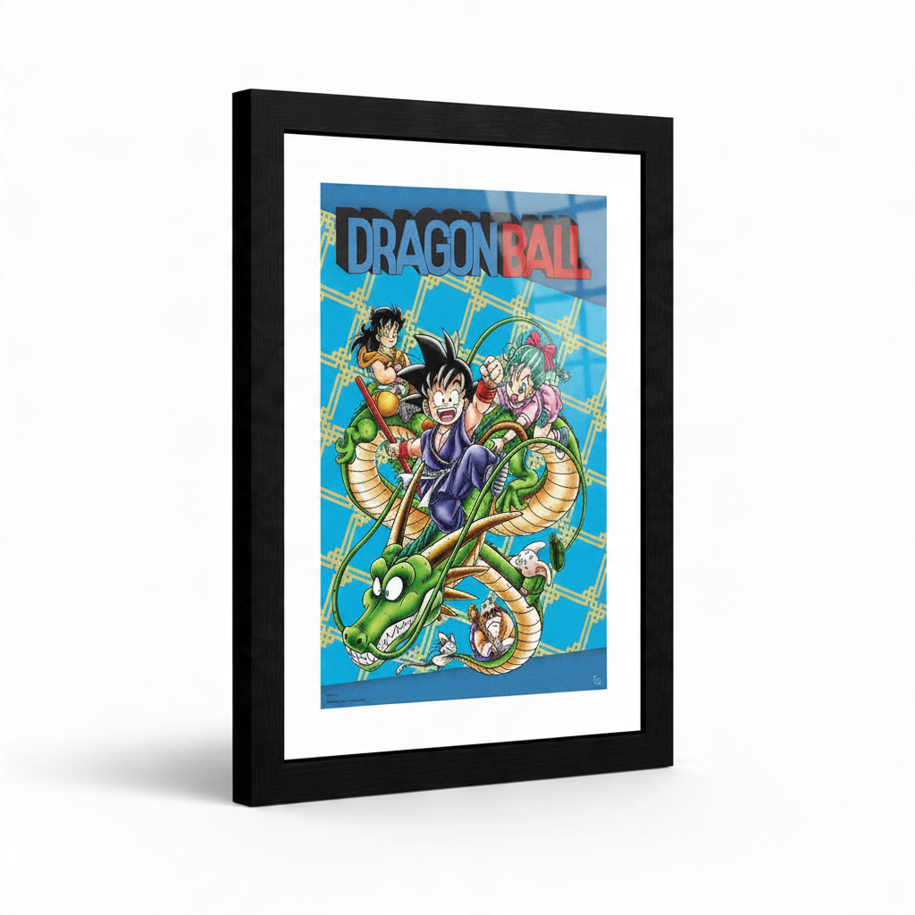 Fans Geek Store framed Dragon Ball manga cover poster featuring Goku and Shenron in a black 25mm frame.