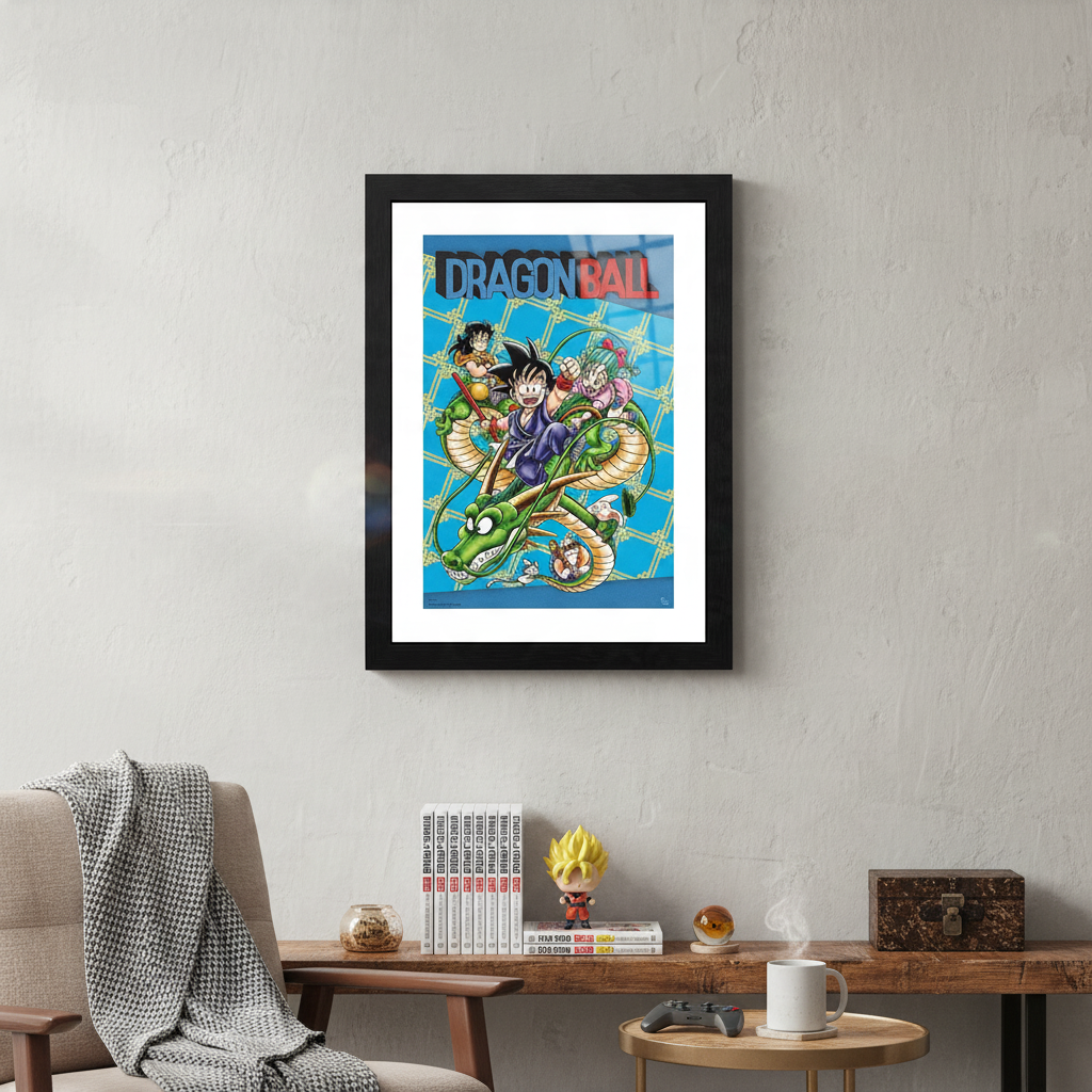 Fans Geek Store framed Dragon Ball manga cover poster featuring Goku and Shenron on a light blue background.