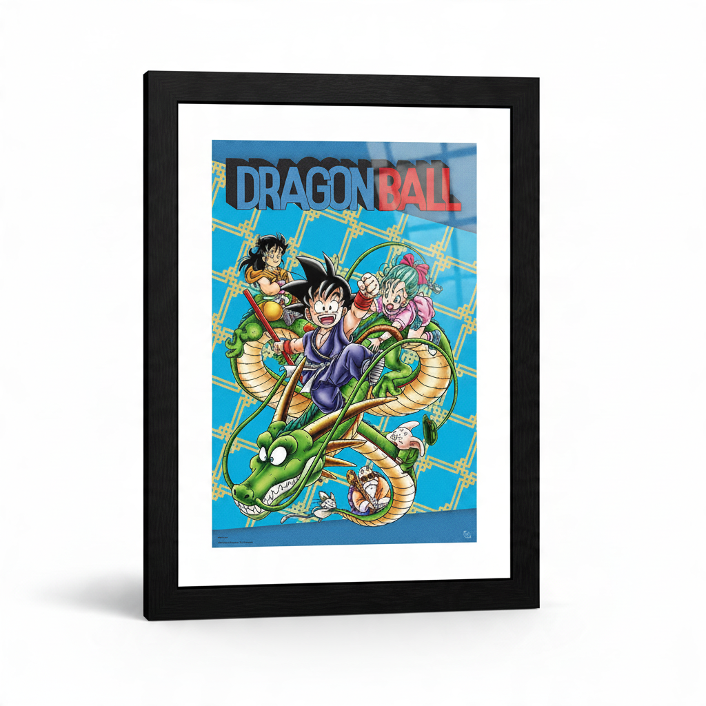 Fans Geek Store framed Dragon Ball poster featuring Goku and Shenron on a blue patterned background