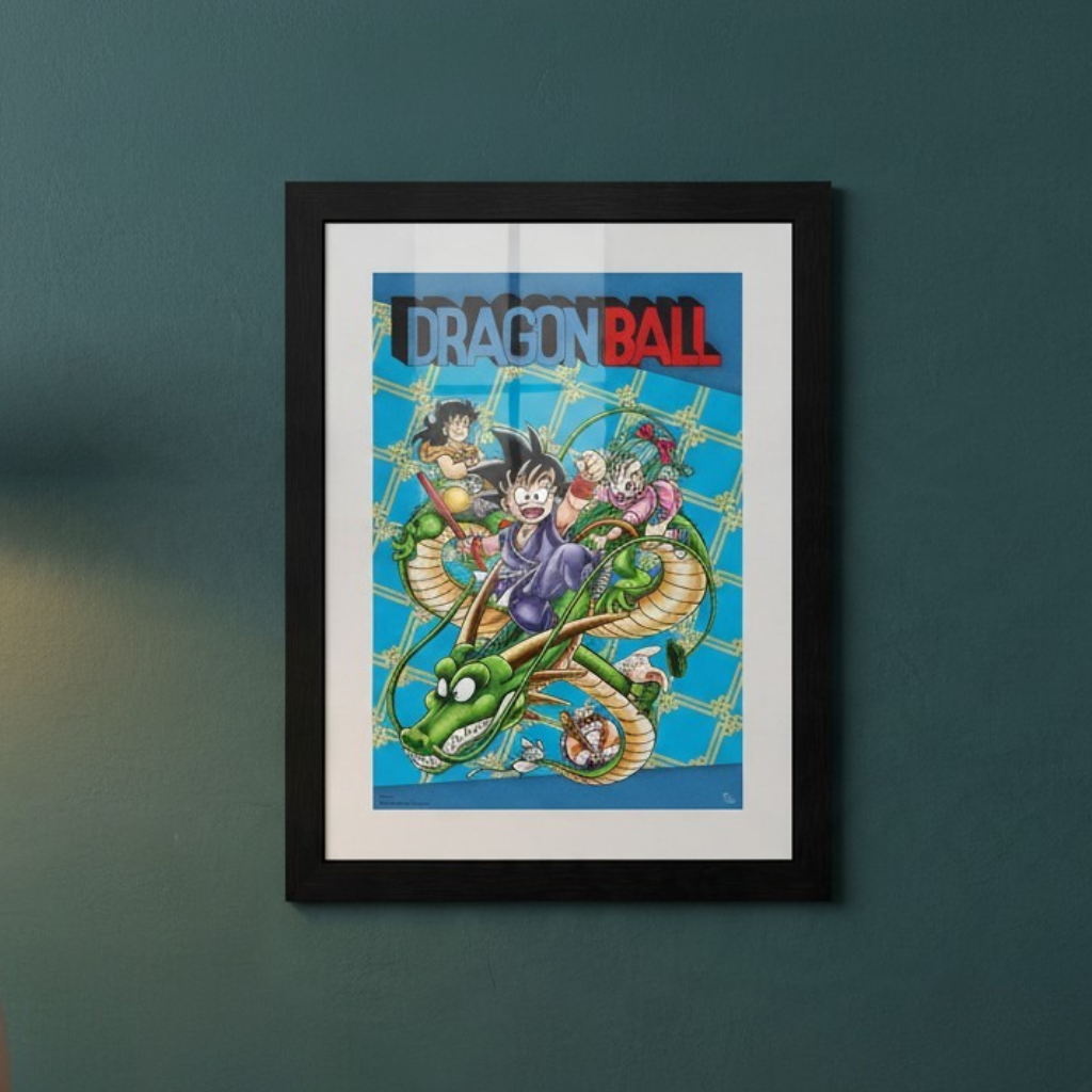 Fans Geek Store framed Dragon Ball poster featuring Goku and Shenron on a blue patterned background on a dark wall.