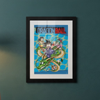 Fans Geek Store framed Dragon Ball poster featuring Goku and Shenron on a blue patterned background on a dark wall.