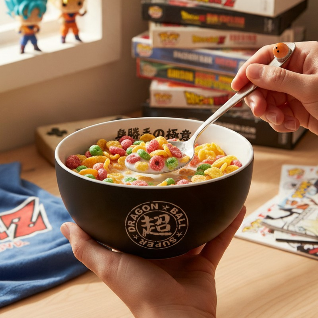 Fans Geek Store Dragon Ball Super Goku Ultra Instinct ceramic bowl filled with colorful cereal and a spoon