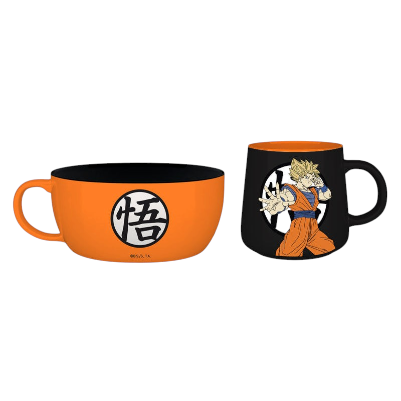 Fans Geek Store Dragon Ball breakfast set featuring an orange cereal bowl and a black mug with Goku character design.