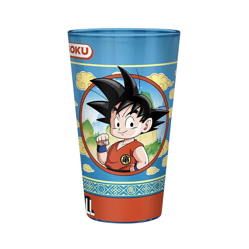 Fans Geek Store Dragon Ball 400ml glass featuring young Goku riding the Flying Nimbus on a blue background
