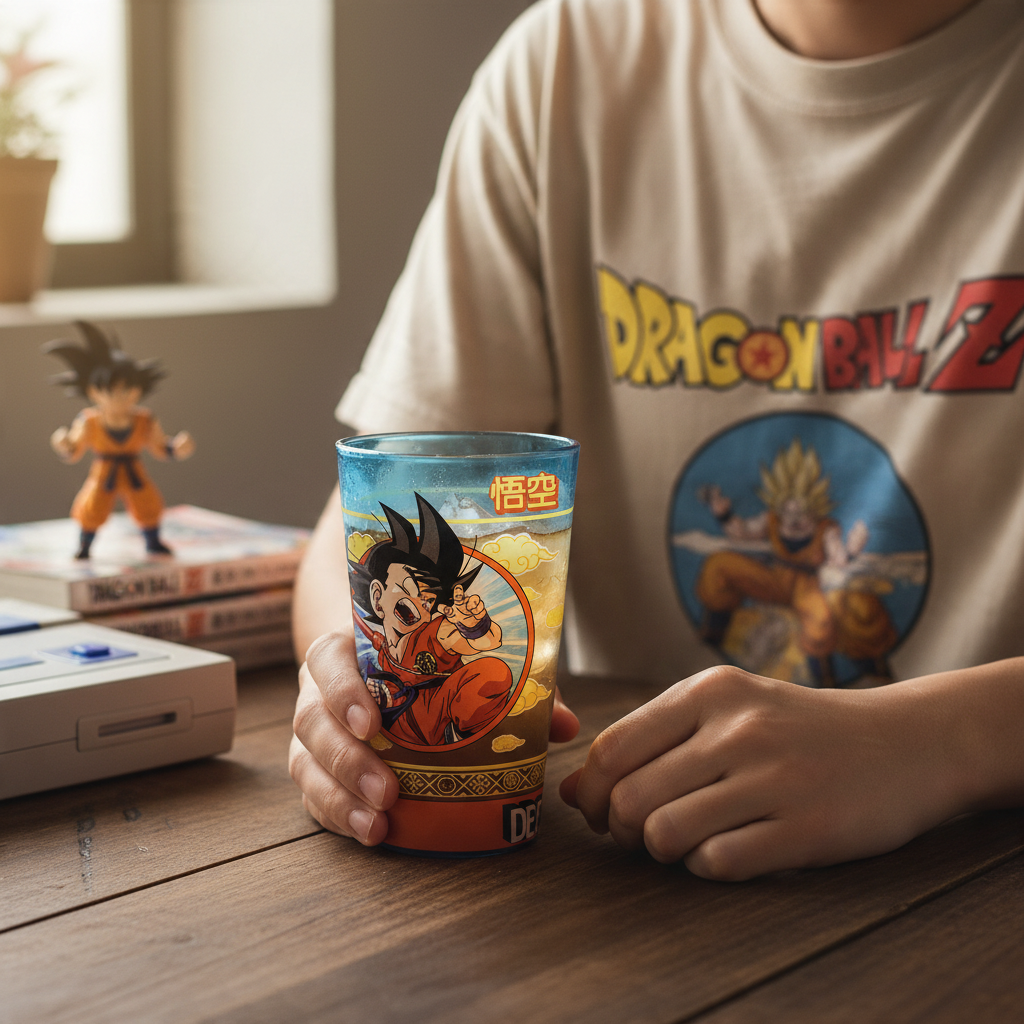 Fans Geek Store Dragon Ball glass featuring young Goku on his flying nimbus cloud, held by a fan at a wooden desk.