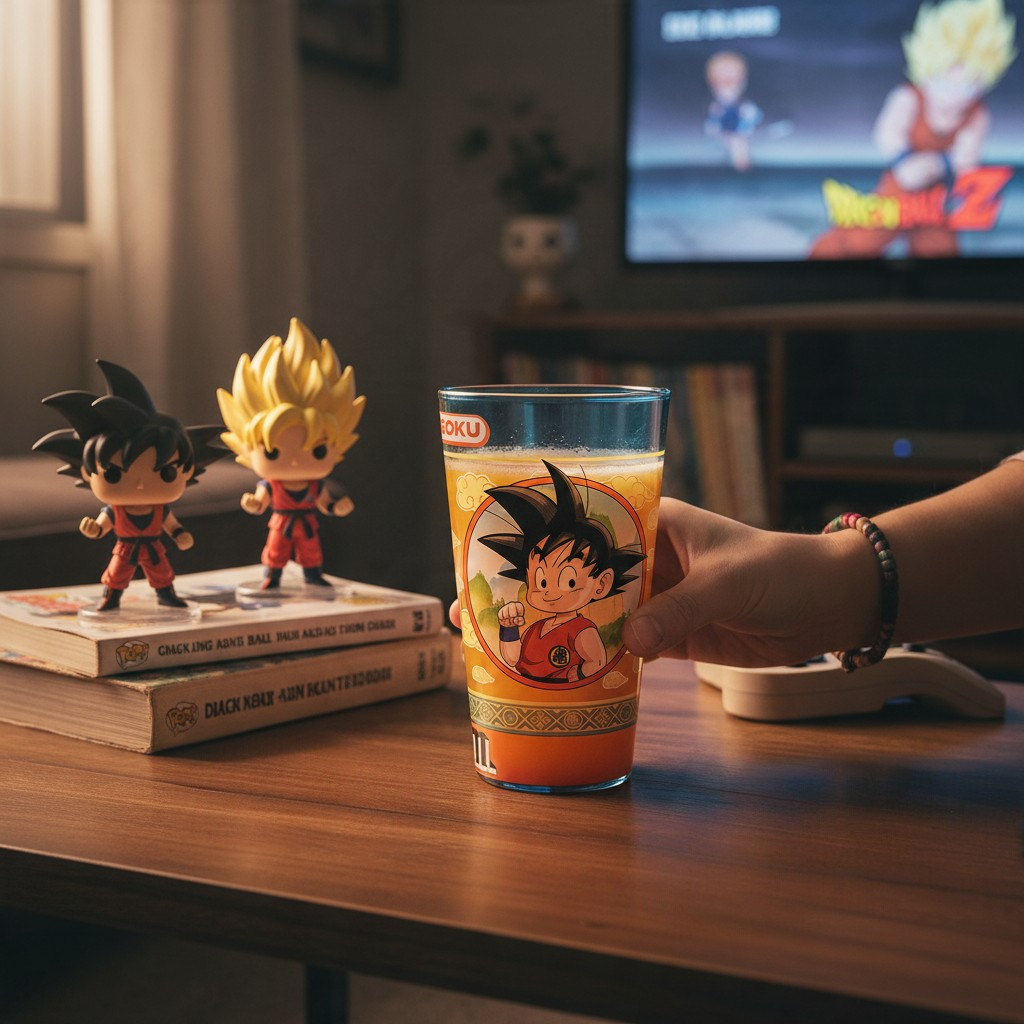 Fans Geek Store Dragon Ball glass featuring young Goku on a flying nimbus, held in a hand with anime figures nearby.