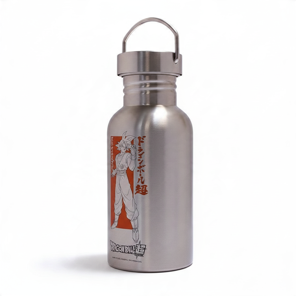 Fans Geek Store stainless steel Dragon Ball Super water bottle featuring a Goku design, 500ml capacity.