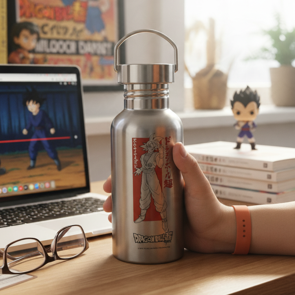 Fans Geek Store stainless steel Dragon Ball Super water bottle featuring Goku, held on a desk with a laptop.