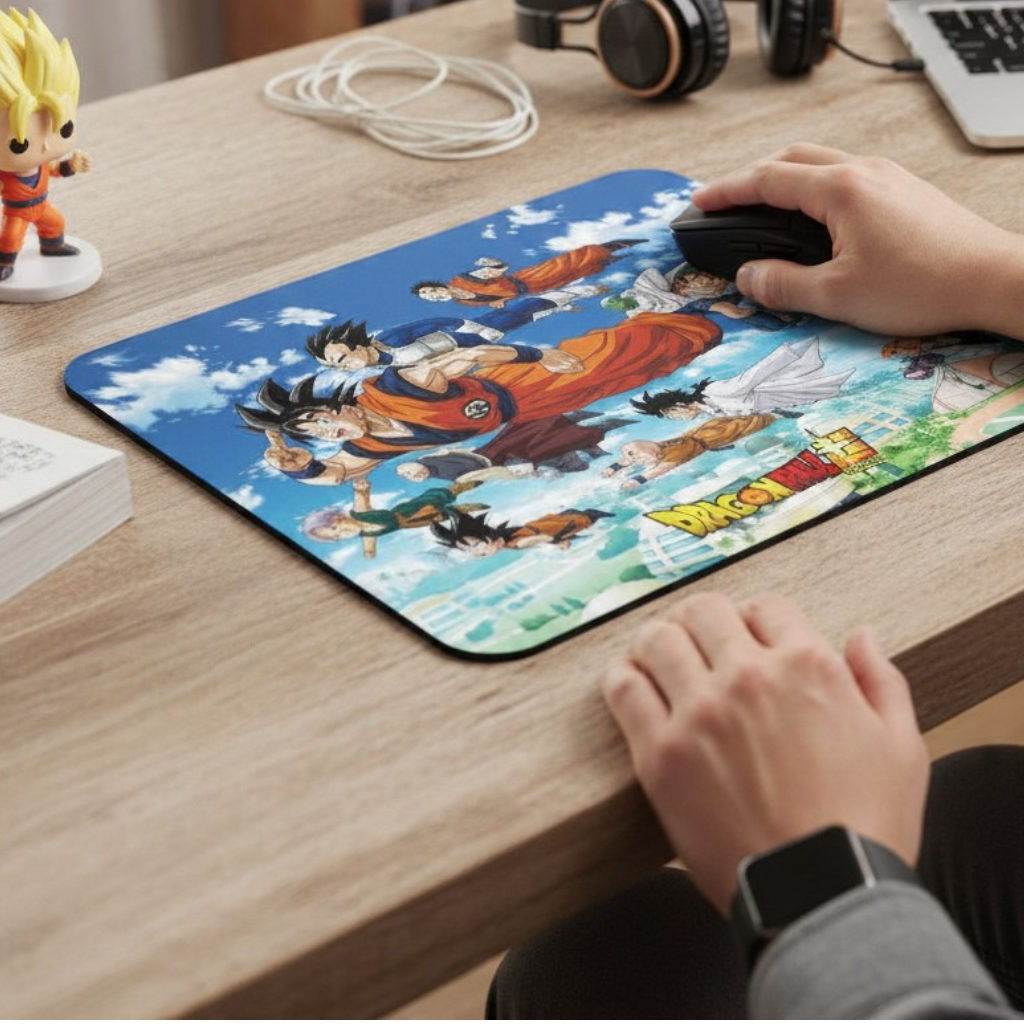 Fans Geek Store Dragon Ball Super mousepad featuring Goku and friends on a desk with a computer mouse