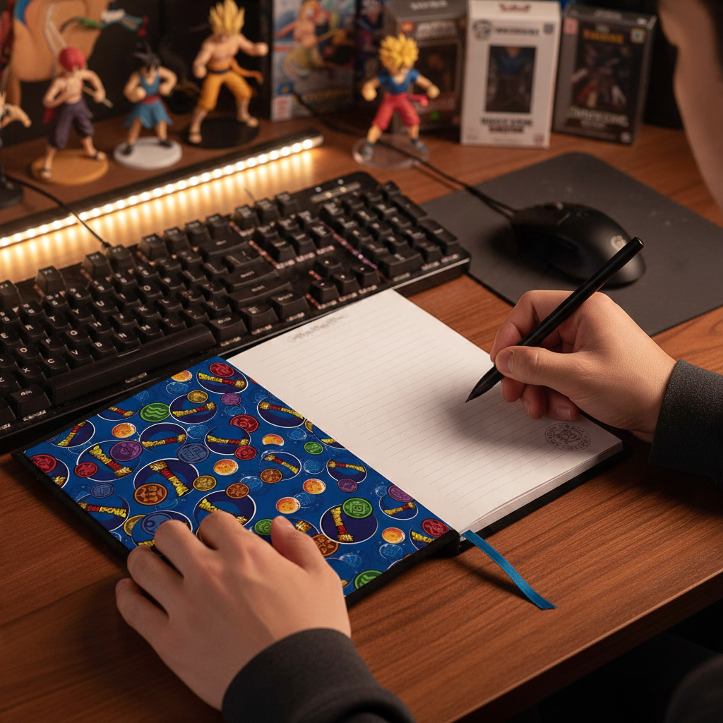 Fans Geek Store Dragon Ball Super Universe 7 A5 notebook with blue patterned cover being used on a desk