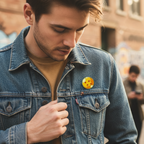 Fans Geek Store metal Dragon Ball four-star ball pin attached to a man's blue denim jacket