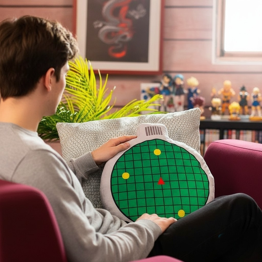Fans Geek Store Dragon Ball radar plush pillow with sound effect held by a fan in a cozy anime-themed living room