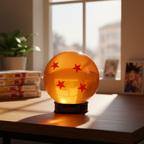 Fans Geek Store 7.5cm acrylic Dragon Ball replica with four red stars on a black display stand on a wooden desk.
