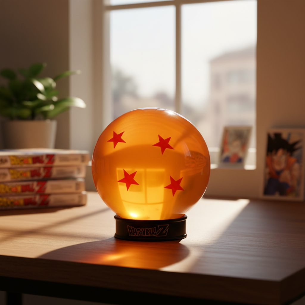 Fans Geek Store 7.5cm acrylic Dragon Ball replica with four red stars on a black display stand on a wooden desk.
