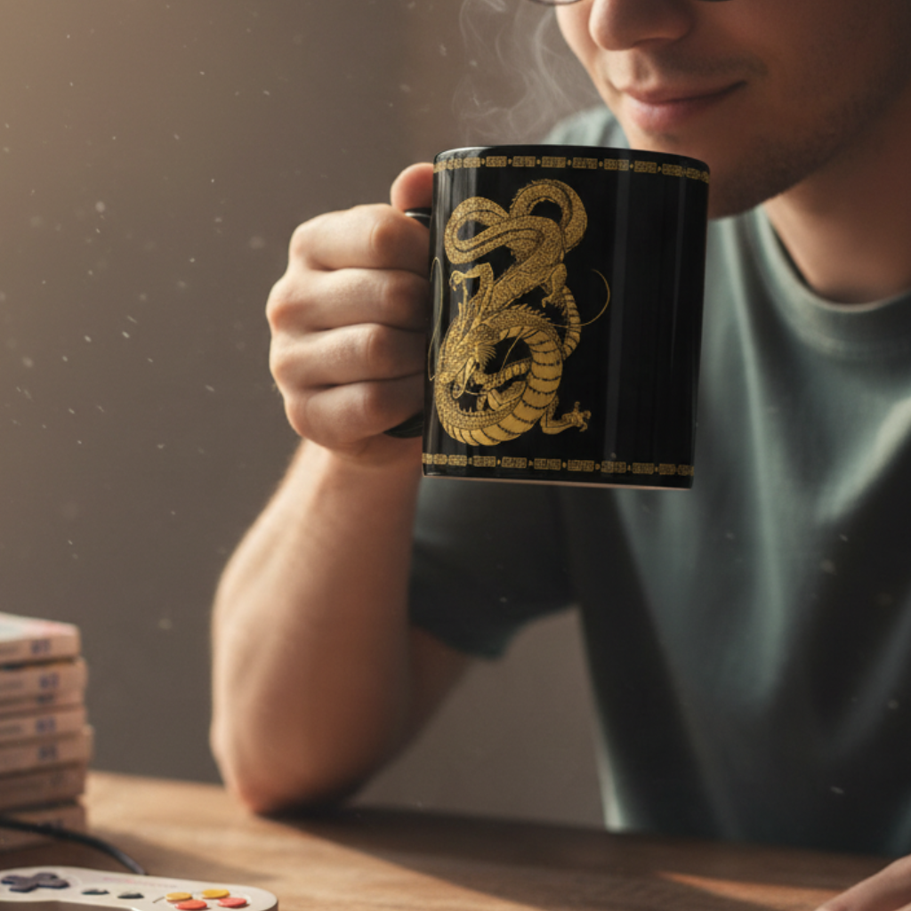 Fans Geek Store black ceramic mug featuring a gold foil Shenron dragon design from Dragon Ball held by a man