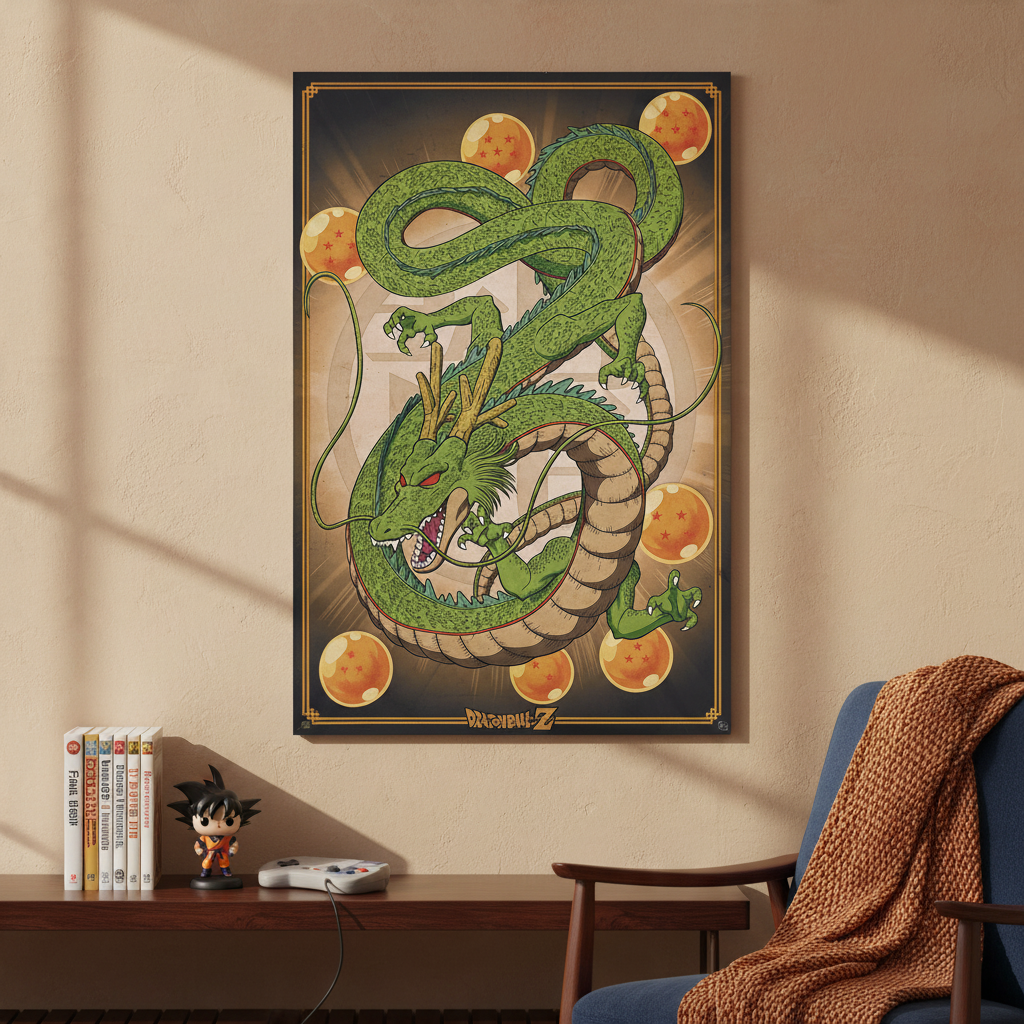 Fans Geek Store Dragon Ball Shenron maxiposter featuring the green dragon and dragon balls on a beige wall