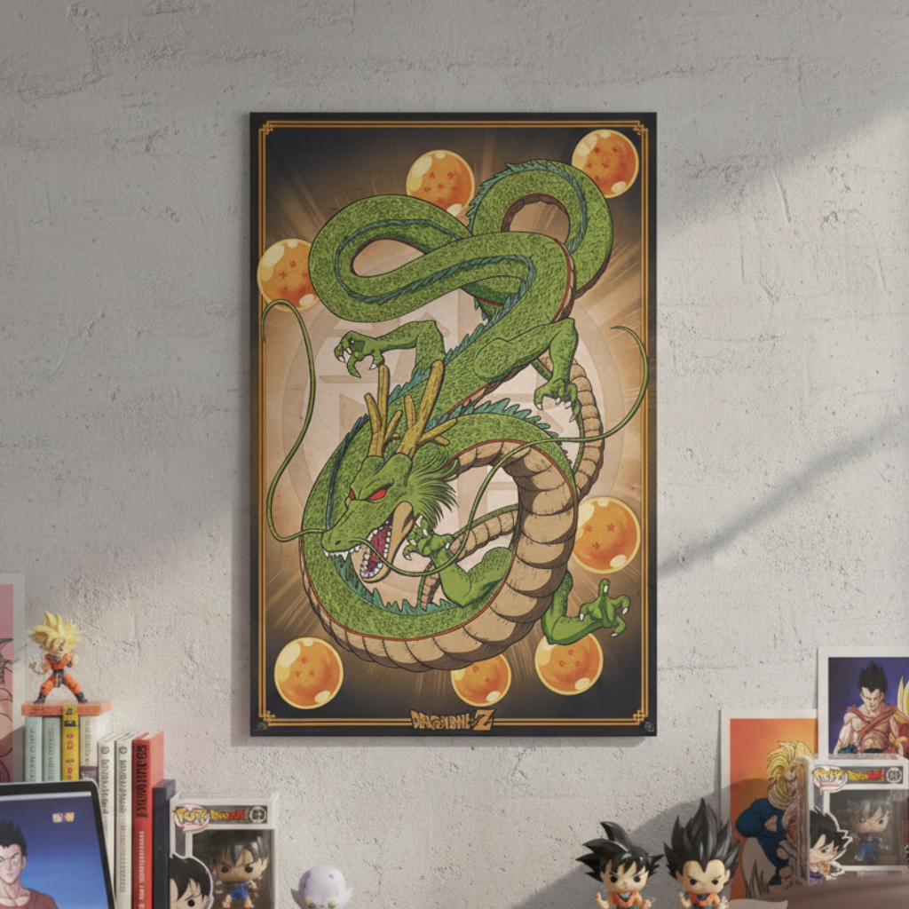 Fans Geek Store Dragon Ball Shenron maxiposter featuring the green dragon and dragon balls on a textured wall