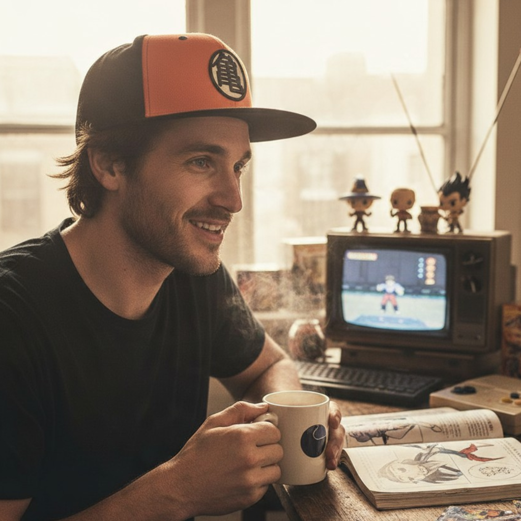 Fans Geek Store Dragon Ball snapback cap in black and orange with embroidered Kame symbol worn by a man