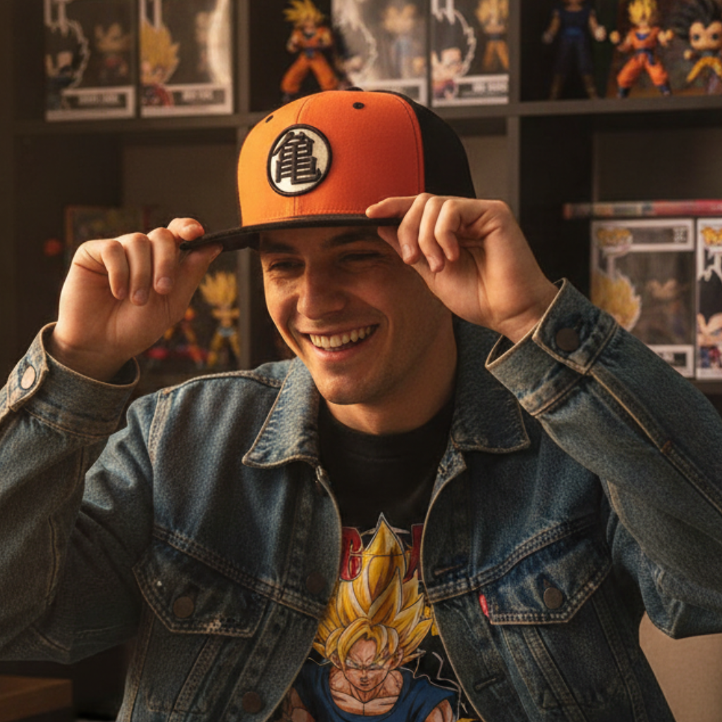 Fans Geek Store black and orange Dragon Ball snapback cap with embroidered Kame symbol worn by a smiling man