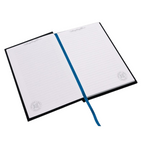 Fans Geek Store Dragon Ball Super A5 notebook open with lined pages, blue ribbon bookmark, and subtle logo details