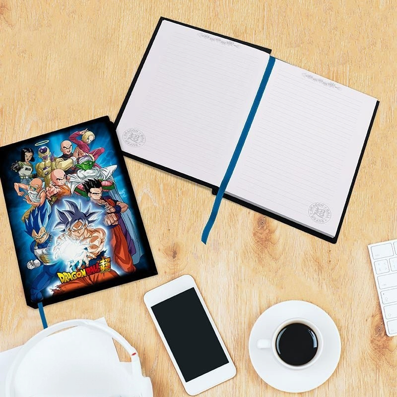 Fans Geek Store Dragon Ball Super Universe 7 A5 notebook with Goku and warriors on cover and lined pages with ribbon