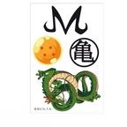 Fans Geek Store Dragon Ball temporary tattoo sheet featuring Shenron, a four-star dragon ball, and kanji symbols.