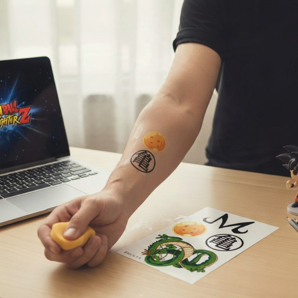 Fans Geek Store Dragon Ball temporary tattoos applied to a person's forearm, featuring iconic anime symbols.