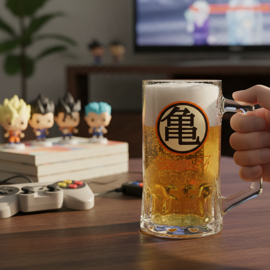 Fans Geek Store Dragon Ball Z glass beer mug featuring the Kame symbol, filled with beer on a gaming table.