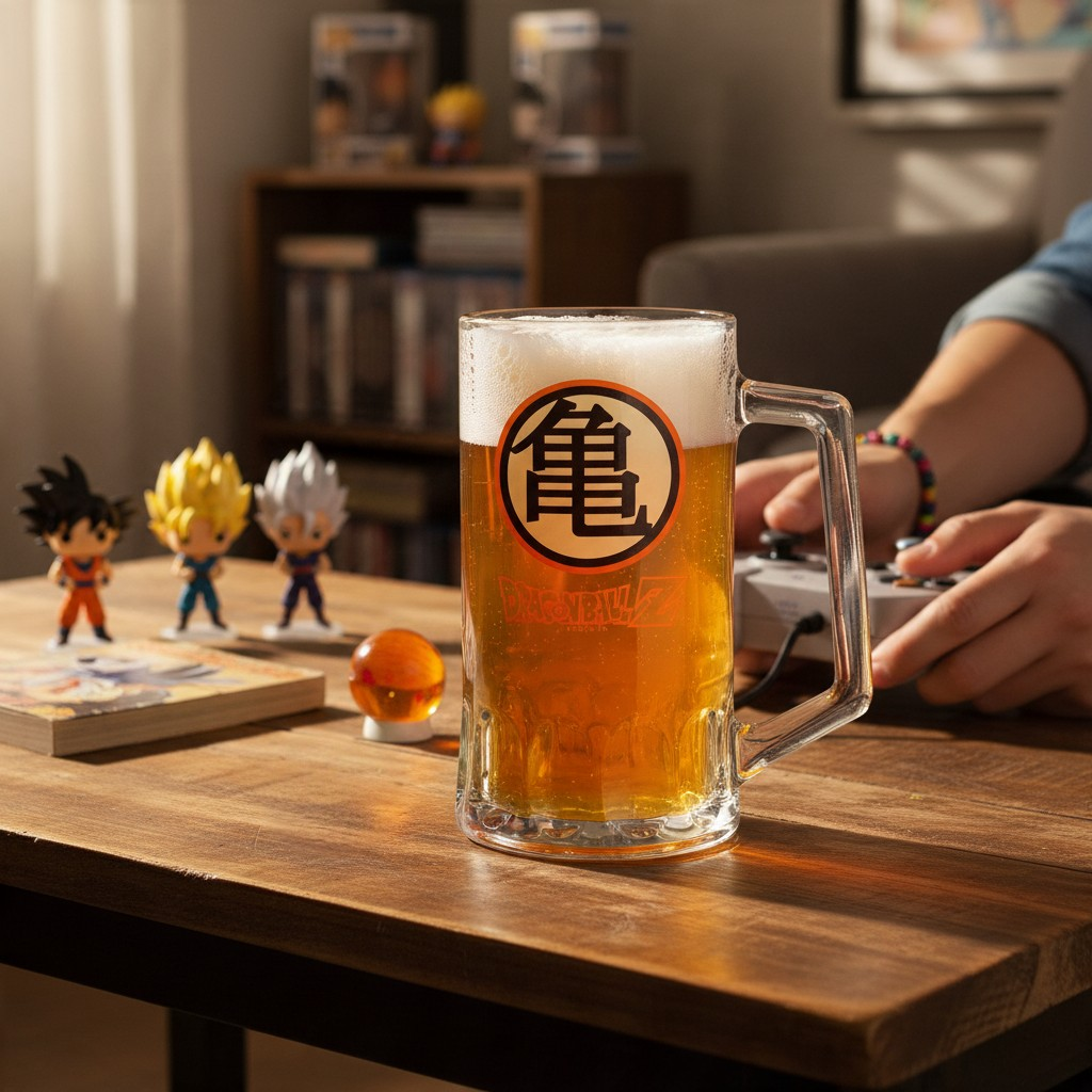 Fans Geek Store Dragon Ball Z glass beer mug with Kame symbol filled with beer on a wooden table with anime figures