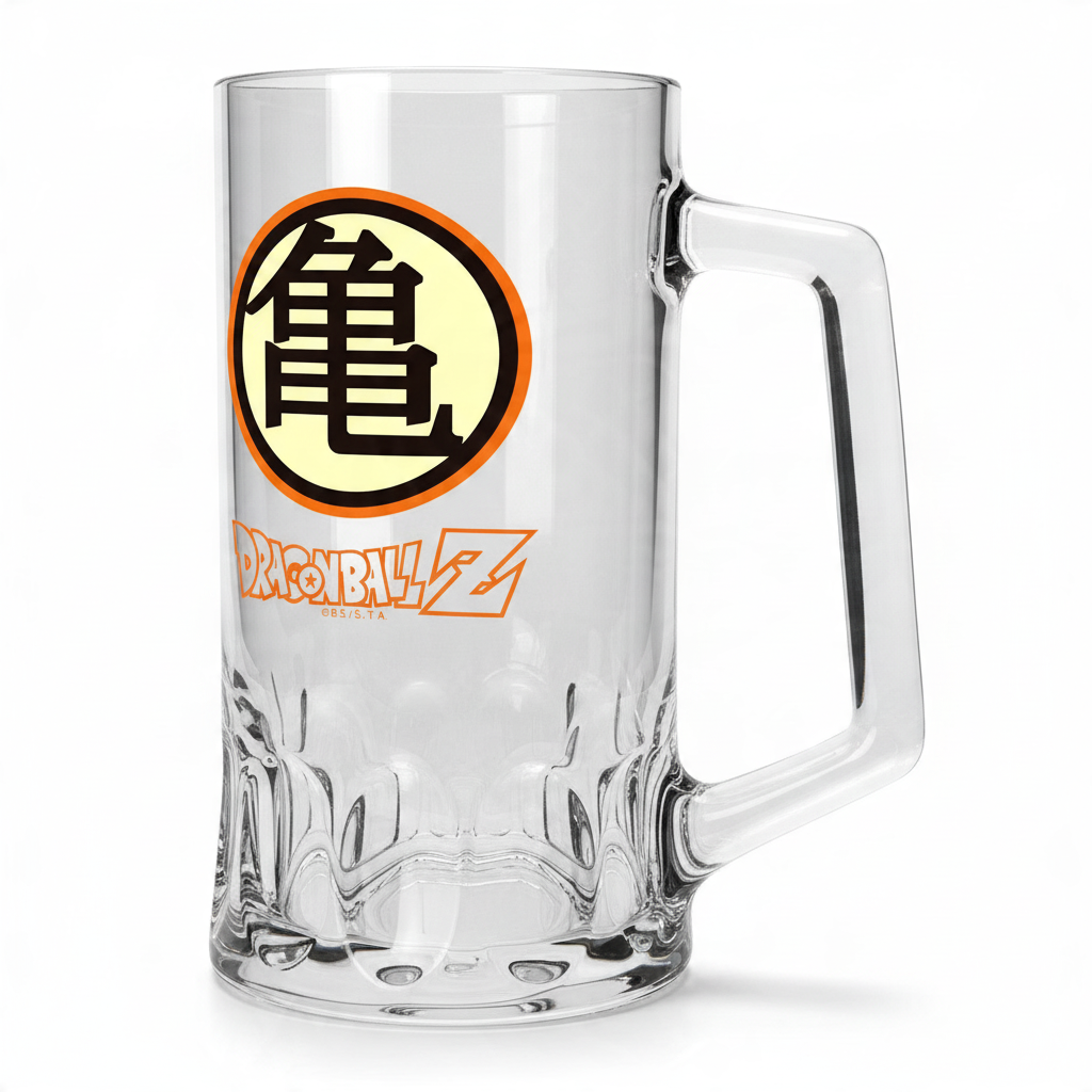 Fans Geek Store Dragon Ball Z glass beer mug with the iconic orange and black Kame symbol and logo