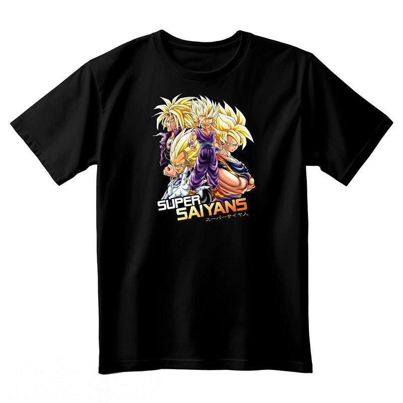 Fans Geek Store black cotton Dragon Ball Z T-shirt featuring Goku and Super Saiyan characters with a round neck