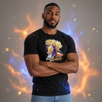 Fans Geek Store black cotton Dragon Ball Z Super Saiyans t-shirt worn by a man with arms crossed and energy effects