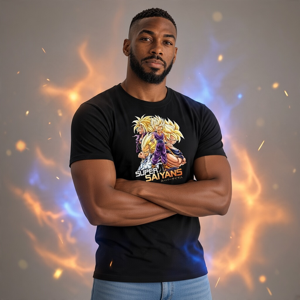 Fans Geek Store black cotton Dragon Ball Z Super Saiyans t-shirt worn by a man with arms crossed and energy effects