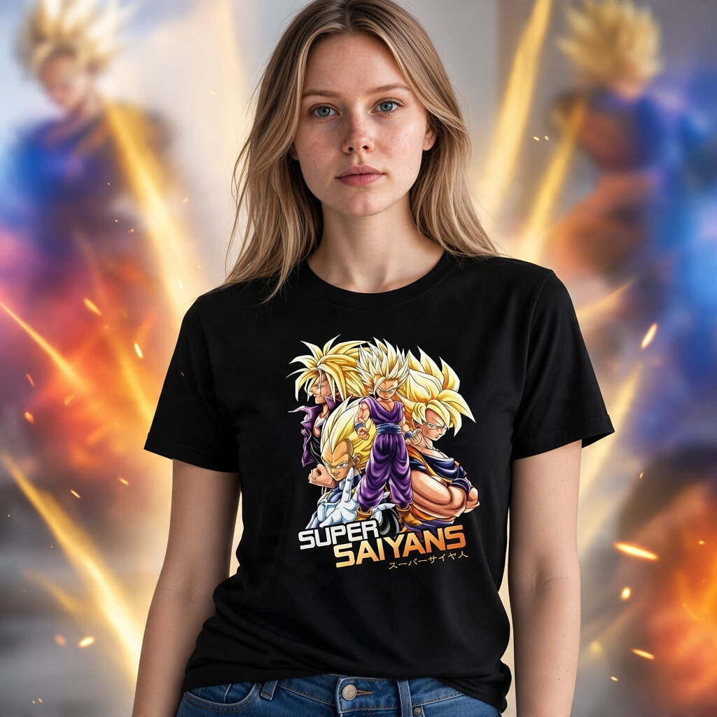 Fans Geek Store black cotton Dragon Ball Z Super Saiyans t-shirt worn by a woman with anime character graphic print