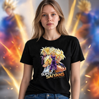 Fans Geek Store black cotton Dragon Ball Z Super Saiyans t-shirt worn by a woman with anime character graphic print