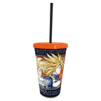 Fans Geek Store Dragon Ball Z double-walled cup with orange lid and black straw featuring Super Saiyan characters