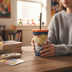 Fans Geek Store Dragon Ball Z Super Saiyans cup with straw held by a person at a wooden desk with anime collectibles