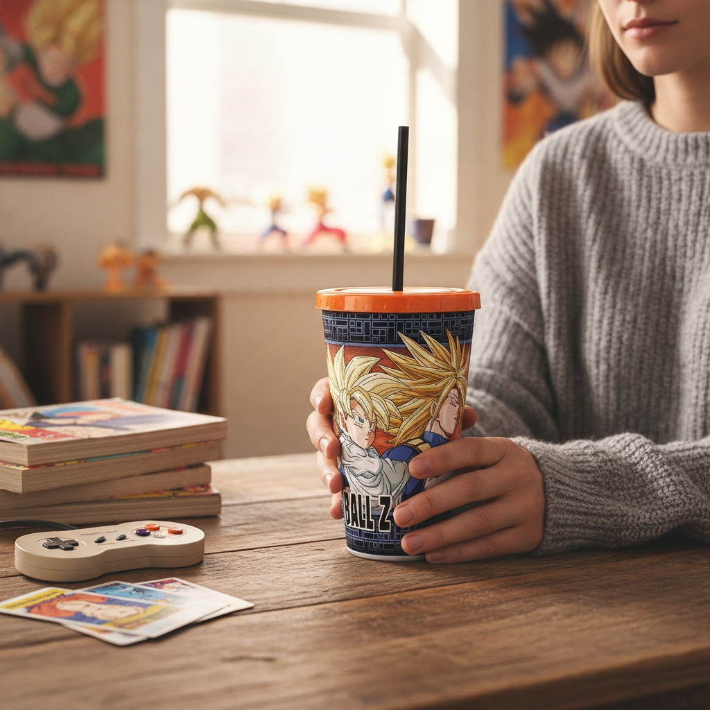 Fans Geek Store Dragon Ball Z Super Saiyans cup with straw held by a person at a wooden desk with anime collectibles