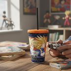 Fans Geek Store Dragon Ball Z double-walled cup with straw featuring Super Saiyan characters on a gaming desk