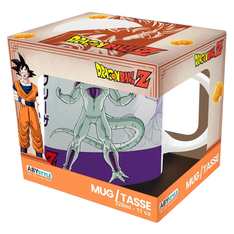 Fans Geek Store Dragon Ball Z ceramic mug featuring Goku and Frieza in a window display box