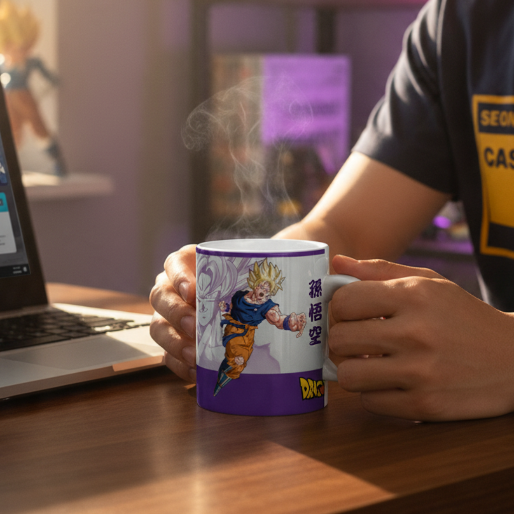 Fans Geek Store ceramic Dragon Ball Z mug featuring Goku and Frieza, held in hands with steam rising on a desk.