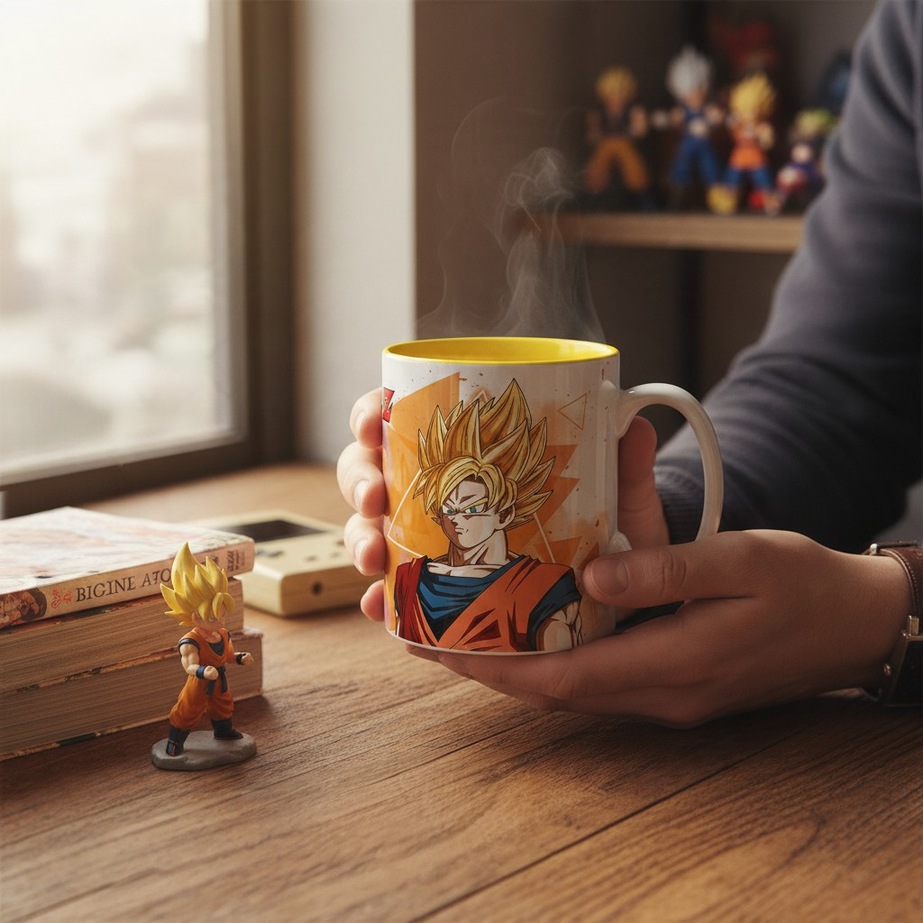 Fans Geek Store ceramic Dragon Ball Z mug featuring Goku, held by hands on a wooden desk with anime figures nearby.