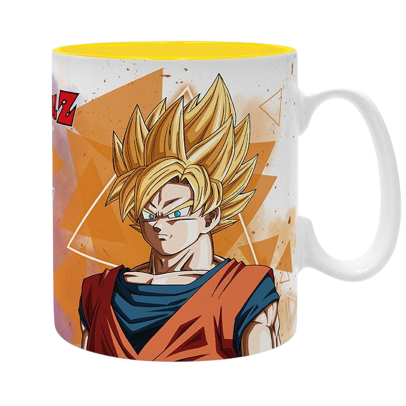Fans Geek Store ceramic Dragon Ball Z mug featuring Super Saiyan Goku with a bright yellow interior